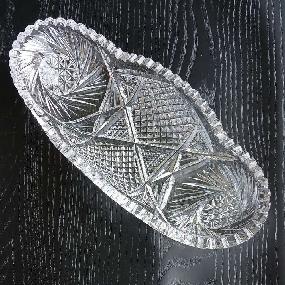 American Brilliant Cut Glass Clear Oval Dish Sawtooth Rim Pinwheel Diamond Star